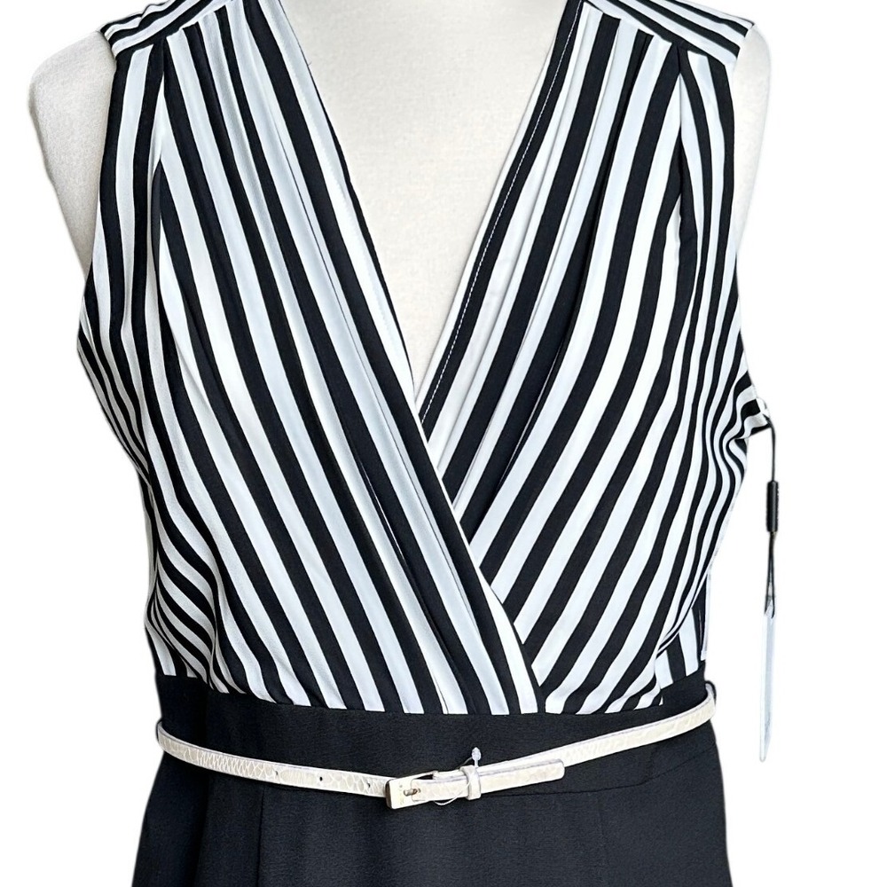 Calvin Klein Striped Sheath Dress Belted Office Siren V-Neck Corporate Size 10P - Picture 5 of 9